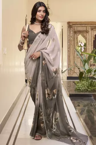 brown floral printed chiffon saree with blouse