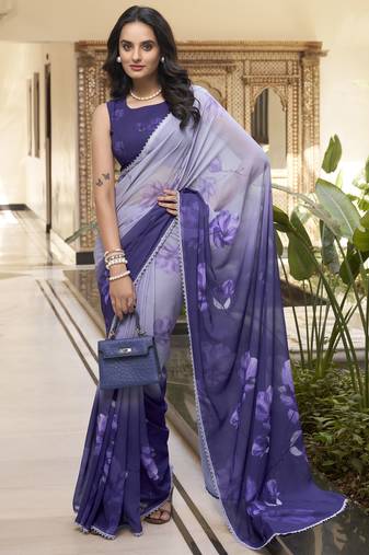 purple floral printed chiffon saree with blouse