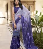purple floral printed chiffon saree with blouse