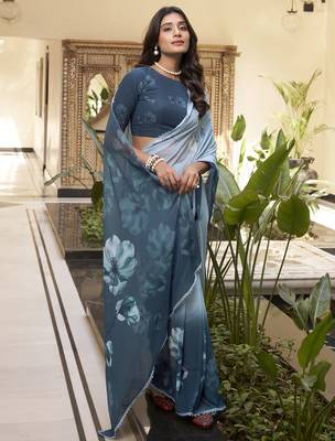 teal blue floral printed chiffon saree with blouse 3