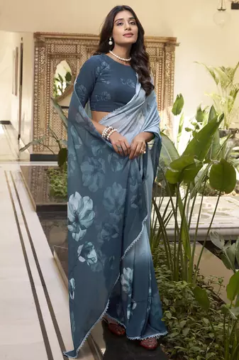 teal blue floral printed chiffon saree with blouse