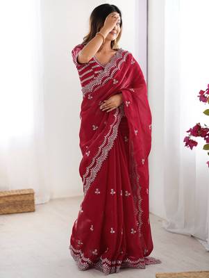 red sequins work organza saree with blouse 1
