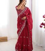 red sequins work organza saree with blouse