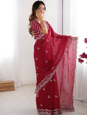 red sequins work organza saree with blouse 3