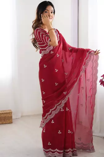 red sequins work organza saree with blouse
