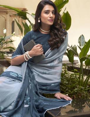 teal blue floral printed chiffon saree with blouse 5