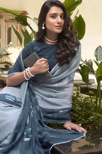 teal blue floral printed chiffon saree with blouse