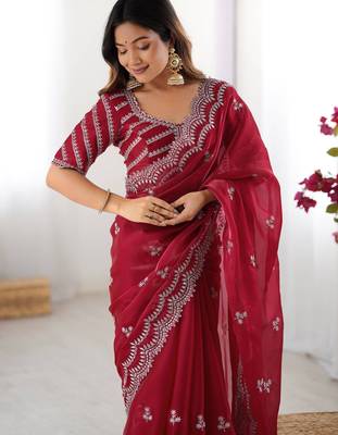 red sequins work organza saree with blouse 4