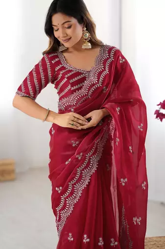 red sequins work organza saree with blouse