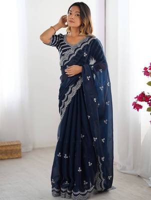 blue thread embroidery organza saree with blouse 1