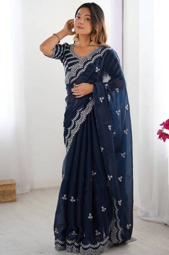 blue thread embroidery organza saree with blouse