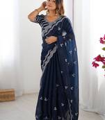 blue thread embroidery organza saree with blouse