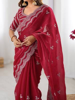 red sequins work organza saree with blouse 5
