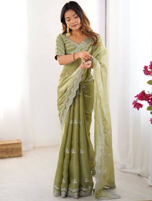 pista green thread work organza saree with blouse 1