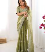 pista green thread work organza saree with blouse
