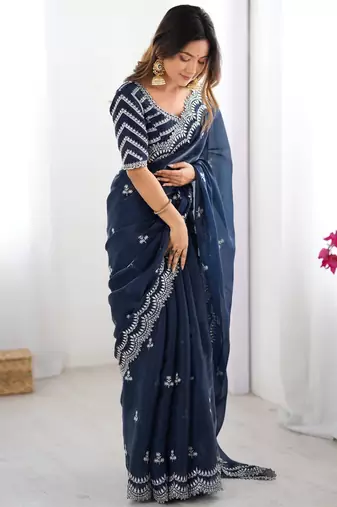 blue thread embroidery organza saree with blouse