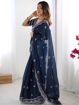 blue thread embroidery organza saree with blouse 4