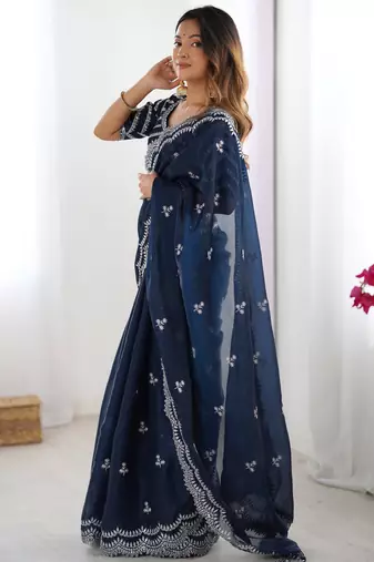 blue thread embroidery organza saree with blouse