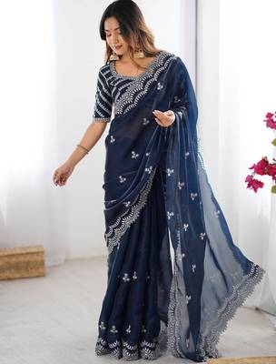 blue thread embroidery organza saree with blouse 5