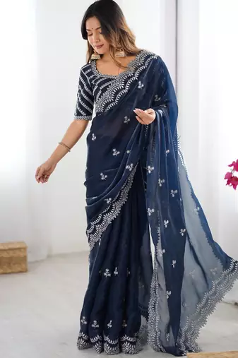 blue thread embroidery organza saree with blouse