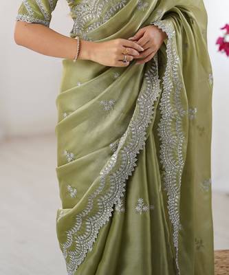 pista green thread work organza saree with blouse 5