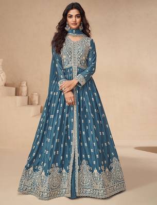 Teal blue embroidery sequence work chinon silk anarkali suits 1