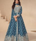 Teal blue embroidery sequence work chinon silk anarkali suits