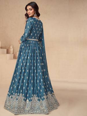 Teal blue embroidery sequence work chinon silk anarkali suits 2