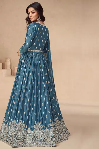 Teal blue embroidery sequence work chinon silk anarkali suits