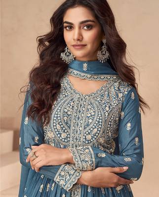 Teal blue embroidery sequence work chinon silk anarkali suits 3