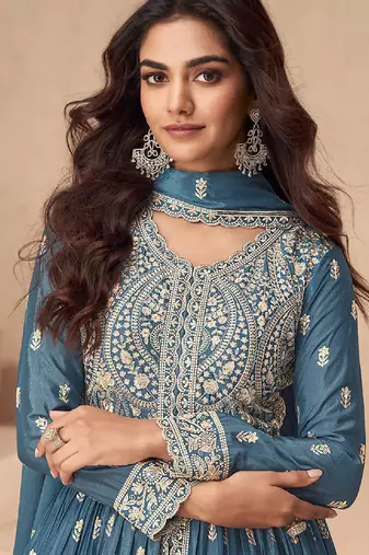 Teal blue embroidery sequence work chinon silk anarkali suits