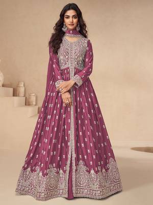 Pink embroidery sequence work chinon silk anarkali suits 1