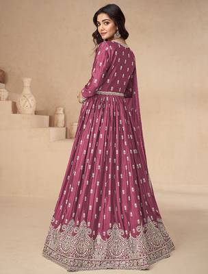 Pink embroidery sequence work chinon silk anarkali suits 2