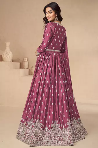 Pink embroidery sequence work chinon silk anarkali suits