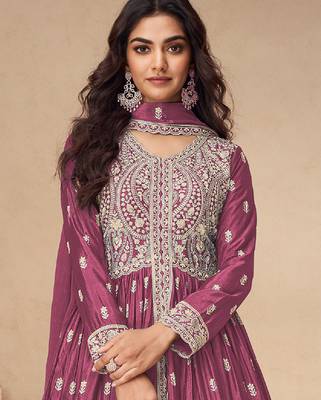 Pink embroidery sequence work chinon silk anarkali suits 3