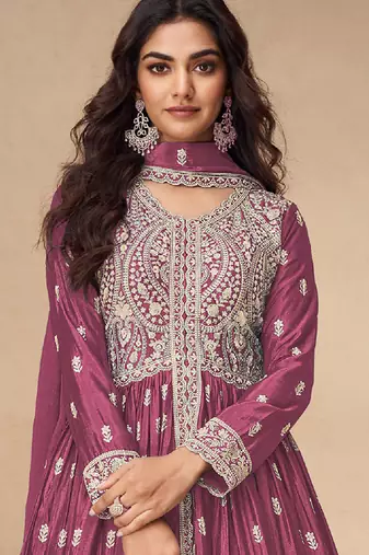 Pink embroidery sequence work chinon silk anarkali suits