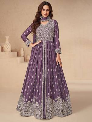 Purple embroidery sequence work chinon silk anarkali suits 1