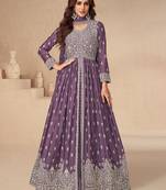 Purple embroidery sequence work chinon silk anarkali suits