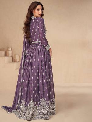 Purple embroidery sequence work chinon silk anarkali suits 2