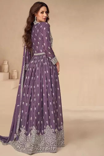 Purple embroidery sequence work chinon silk anarkali suits
