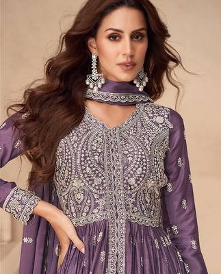 Purple embroidery sequence work chinon silk anarkali suits 3