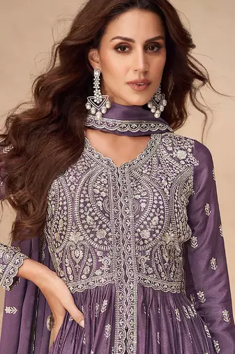 Purple embroidery sequence work chinon silk anarkali suits
