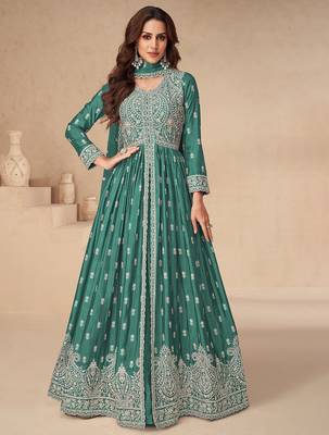 Green embroidery sequence work chinon silk anarkali suits 1