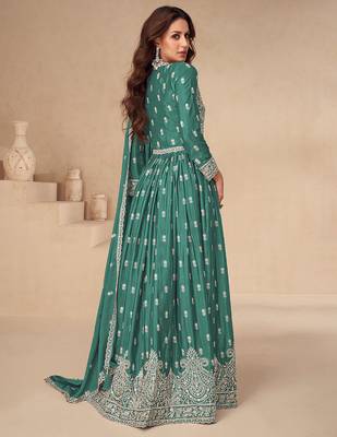 Green embroidery sequence work chinon silk anarkali suits 2