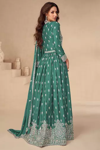 Green embroidery sequence work chinon silk anarkali suits