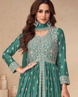 Green embroidery sequence work chinon silk anarkali suits 3