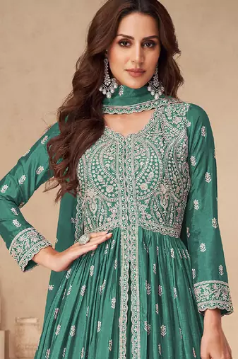 Green embroidery sequence work chinon silk anarkali suits