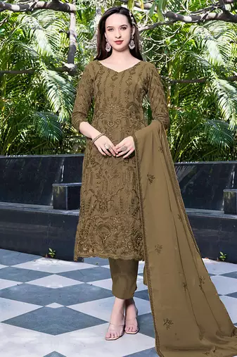 Mustard embroidery sequence work georgette salwar kameez