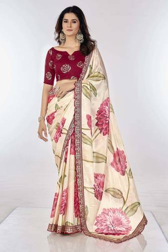Cream floral printed chinon saree with embroidered lace
