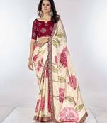 Cream floral printed chinon saree with embroidered lace